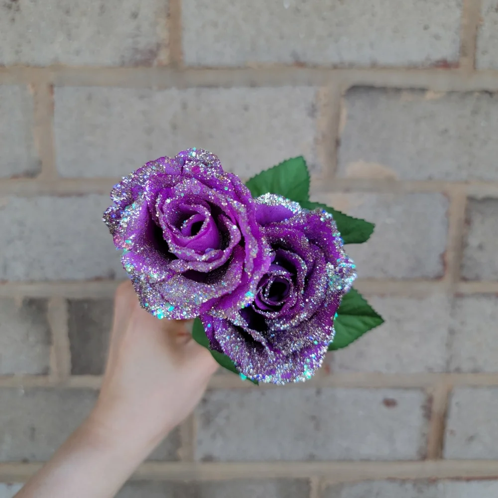 Purple roses with pale gold glitter floral decor handmade